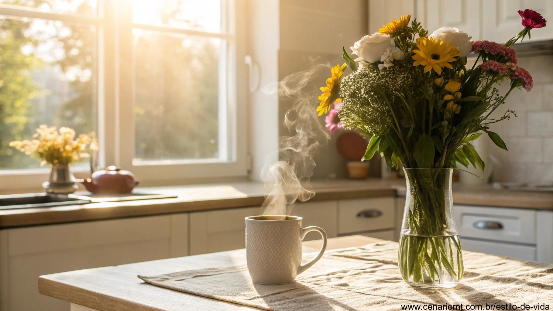 Cozinha iluminada com caneca de café e flores sobre a mesa