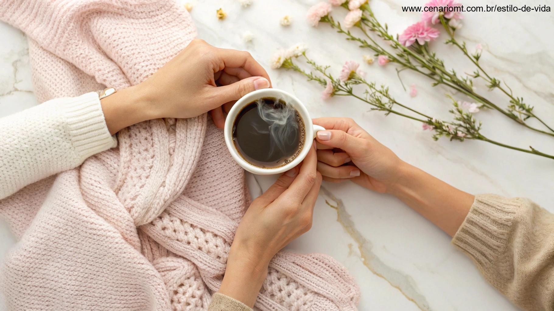 Mãos segurando uma xícara de café quente com flores delicadas ao redor