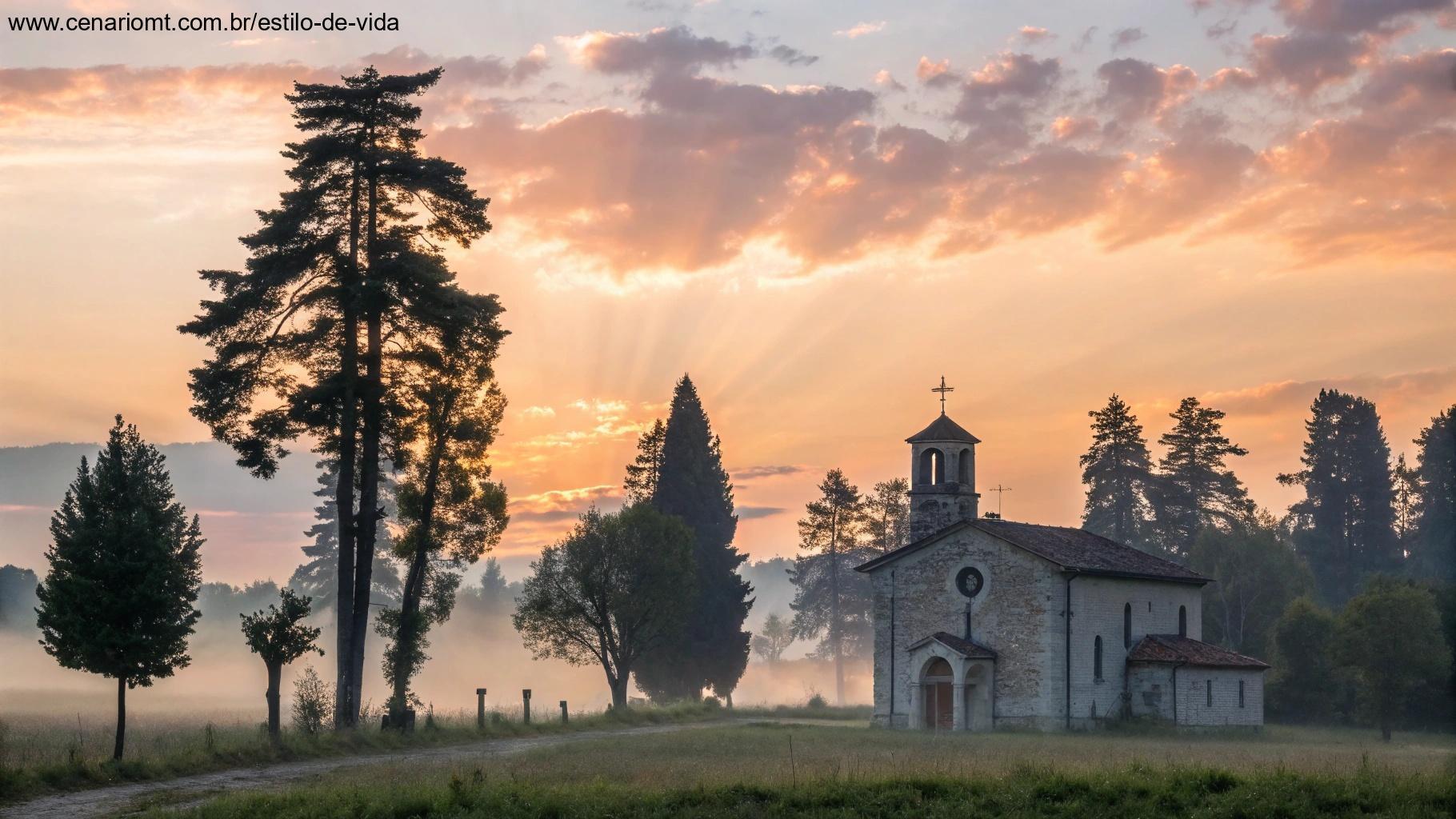 Amanhecer tranquilo sobre uma igreja no campo