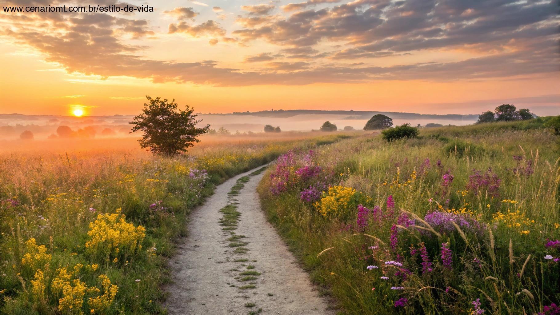 Caminho através de um campo florido com o sol nascendo ao fundo
