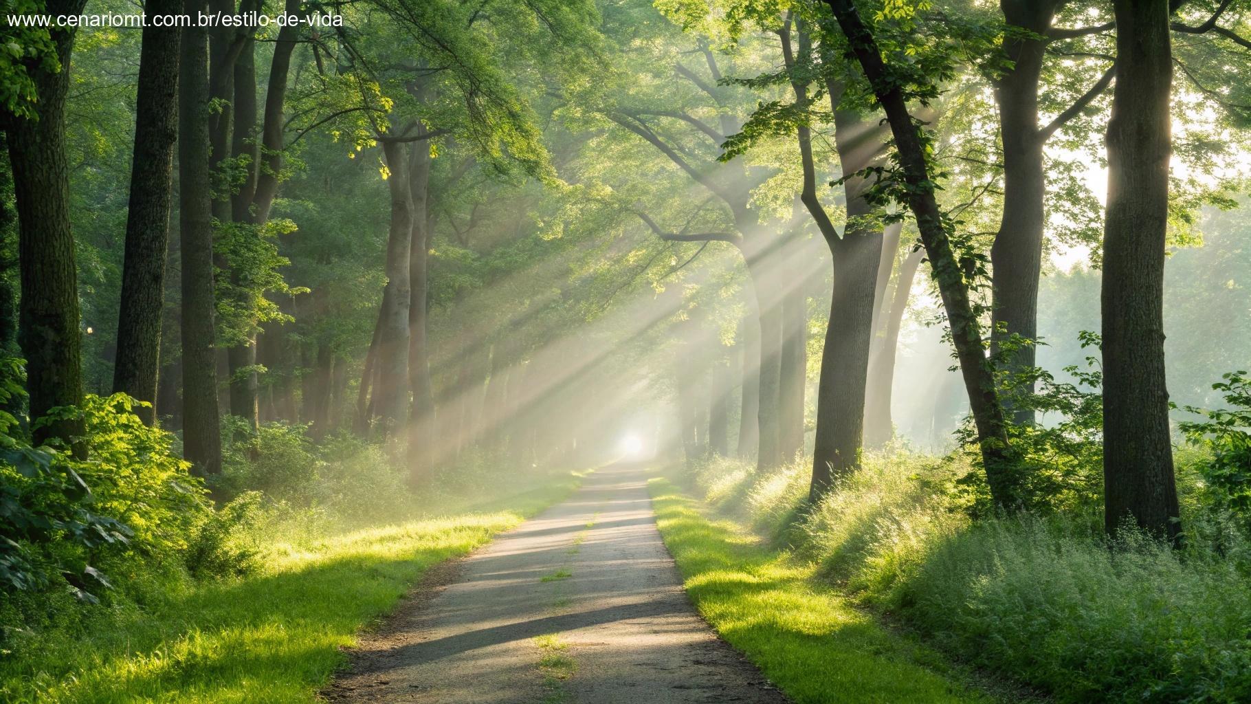 Caminho acolhedor em uma floresta iluminada pelo sol, com raios de luz passando entre as árvores