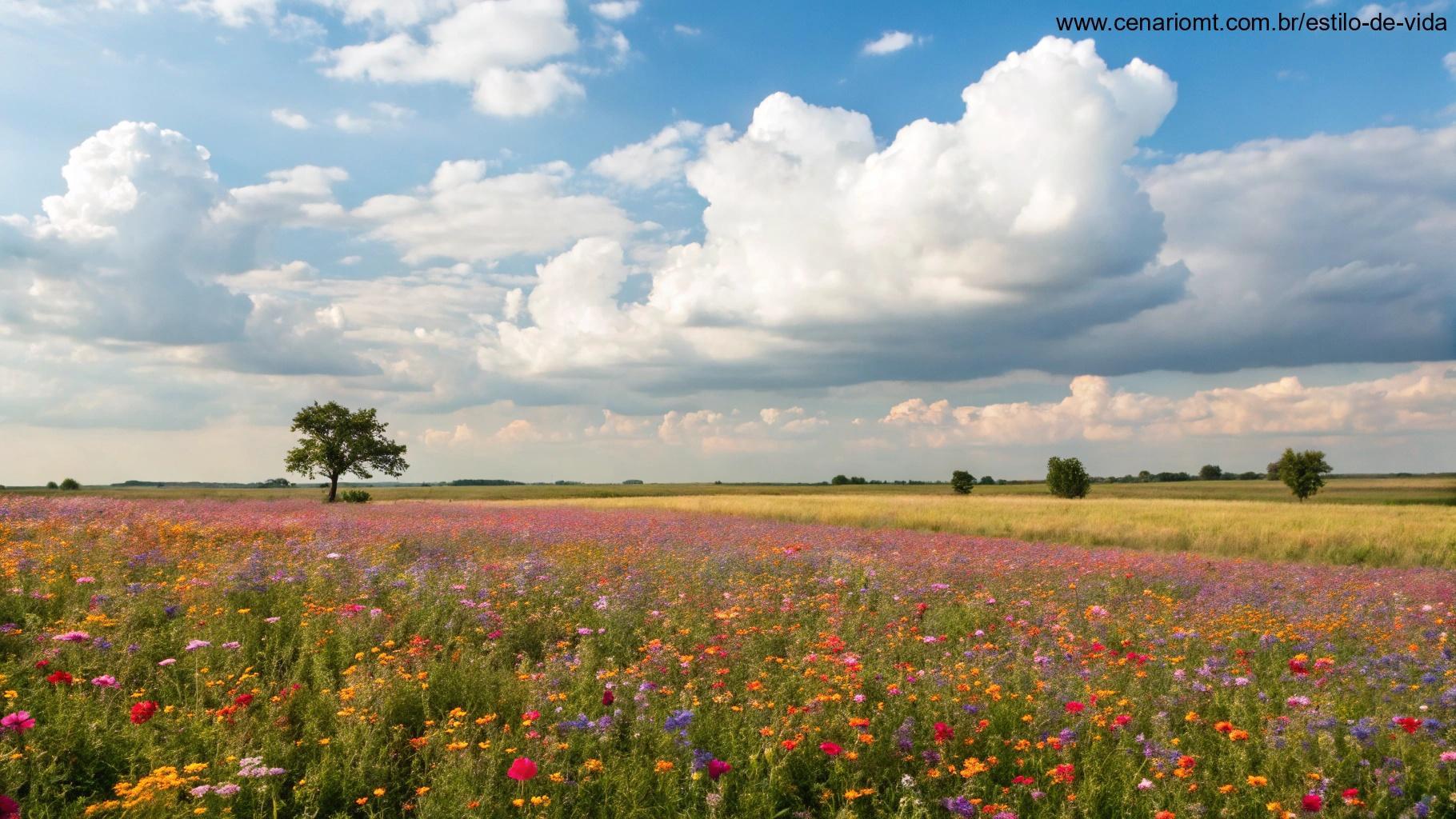 Campo vibrante de flores silvestres em várias cores sob um céu azul com nuvens brancas