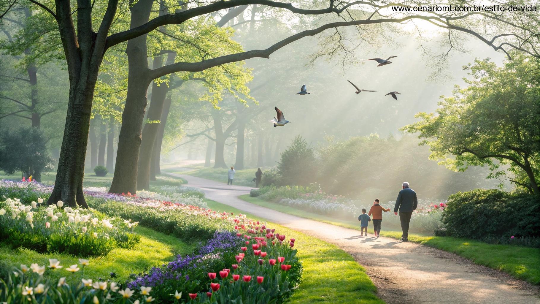 Manhã de primavera com flores, pássaros e uma família caminhando com tranquilidade