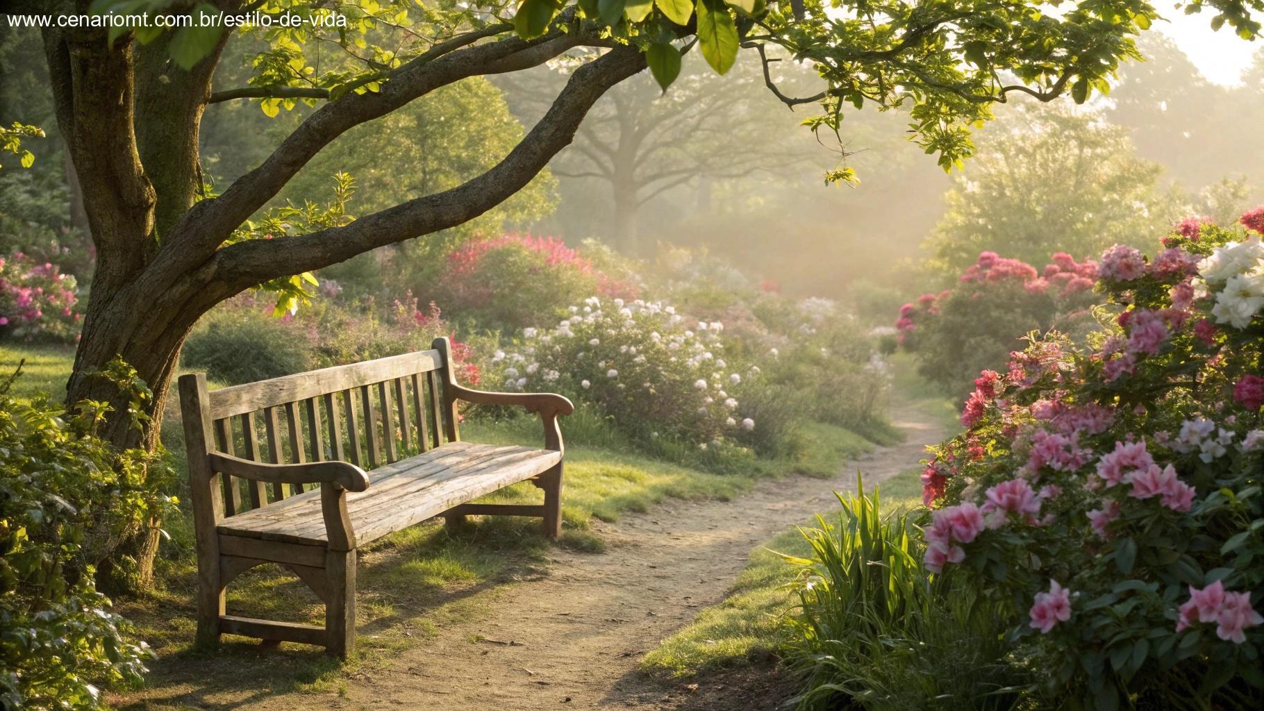 Banco de madeira rústico em um jardim florido com luz suave do sol filtrando pelas folhas das árvores