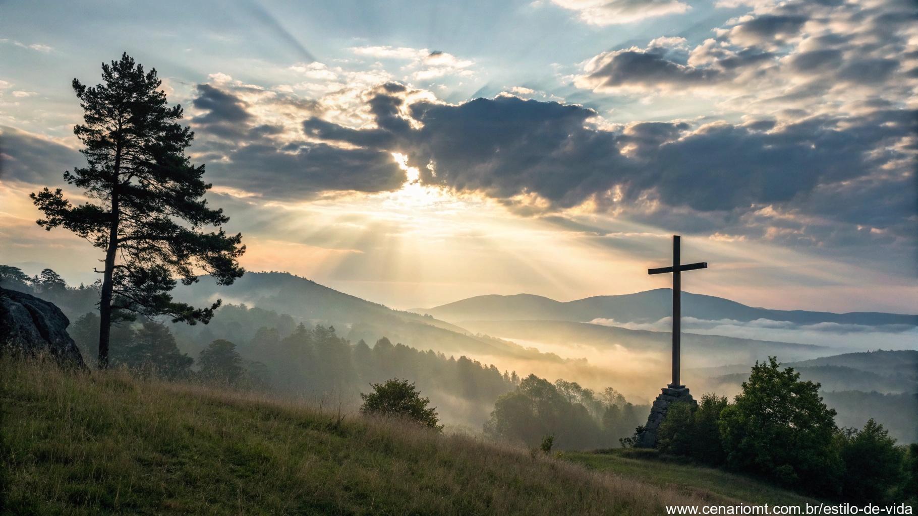 Imagem com cruz brilhante ao amanhecer para grupos religiosos