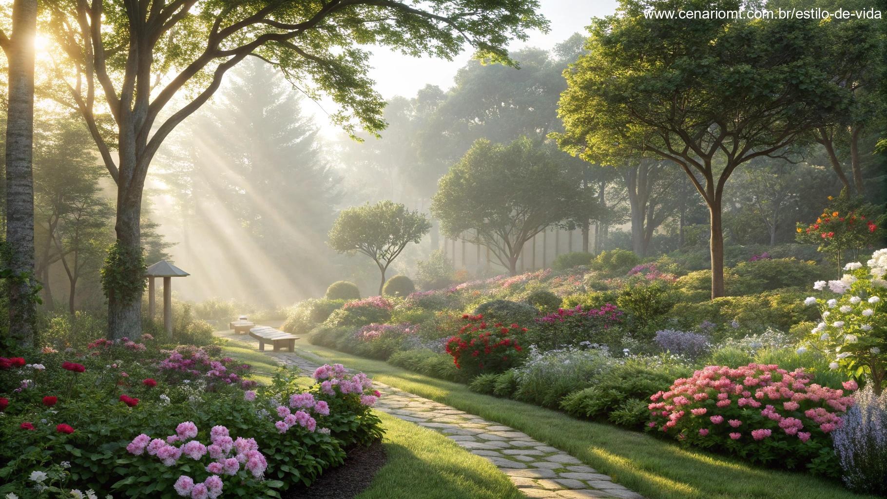 Cenário inspirador de manhã em um jardim florido, trazendo energia positiva para sua quarta-feira
