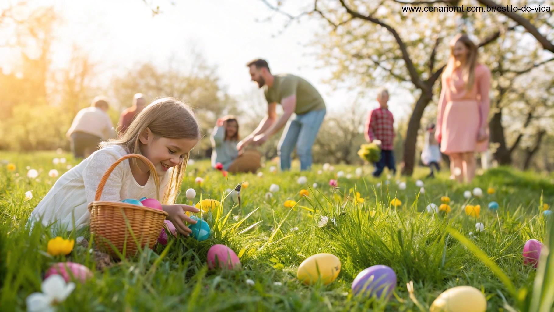 Imagem alegre de domingo de Páscoa com pessoas sorrindo e crianças brincando no parque