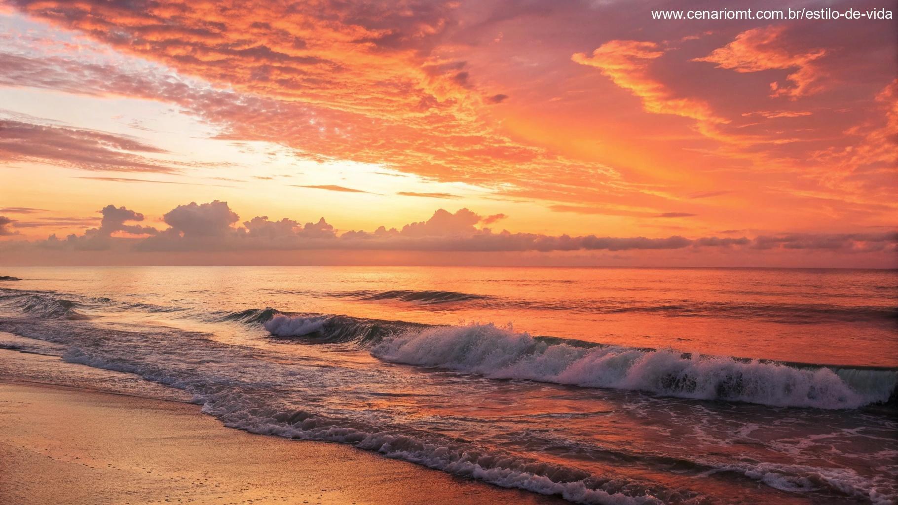 Amanhecer vibrante sobre o oceano calmo, com ondas suaves batendo na praia.