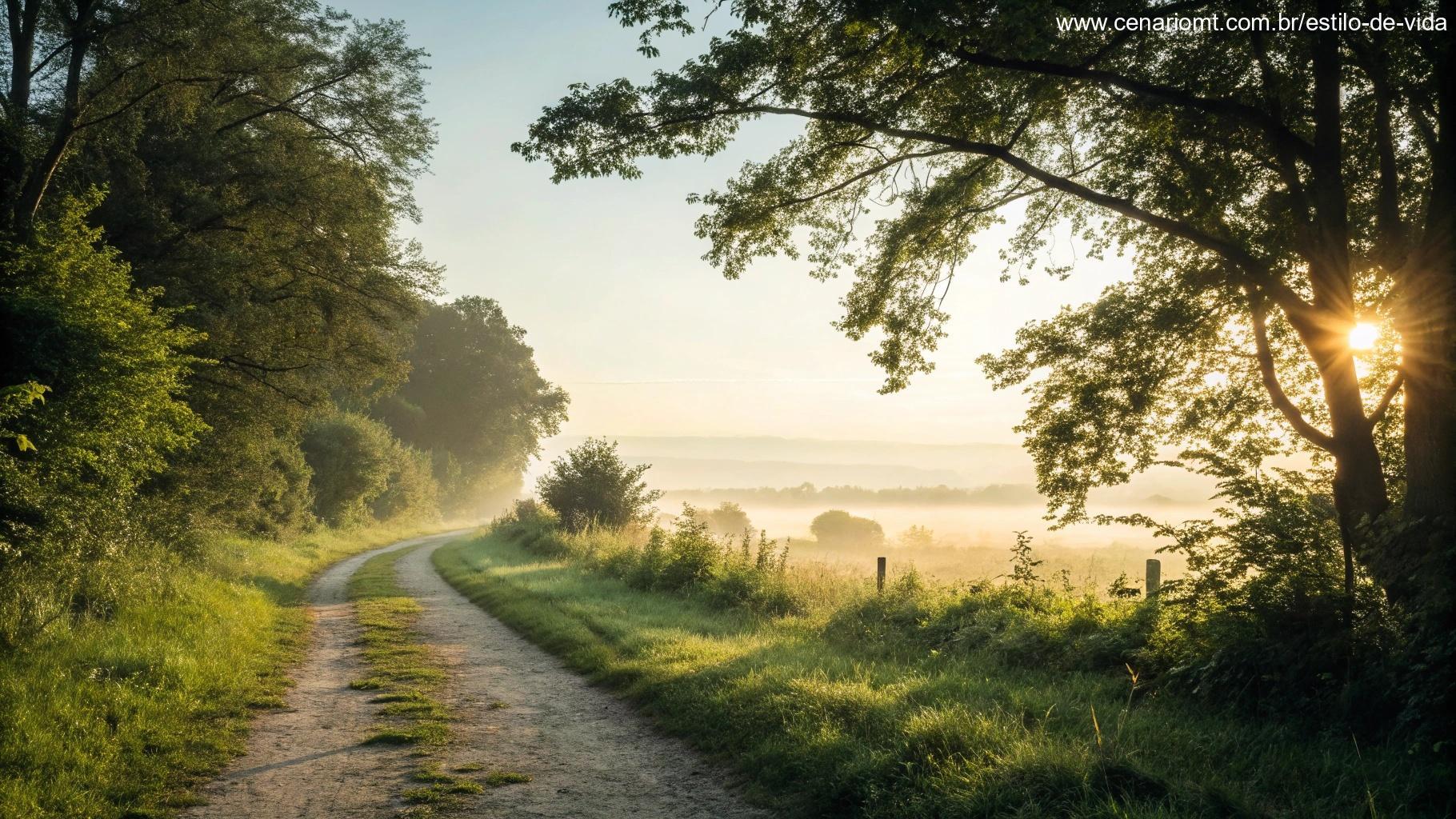 Imagem de manhã com luz suave filtrando pelas árvores e um caminho tranquilo levando ao horizonte.