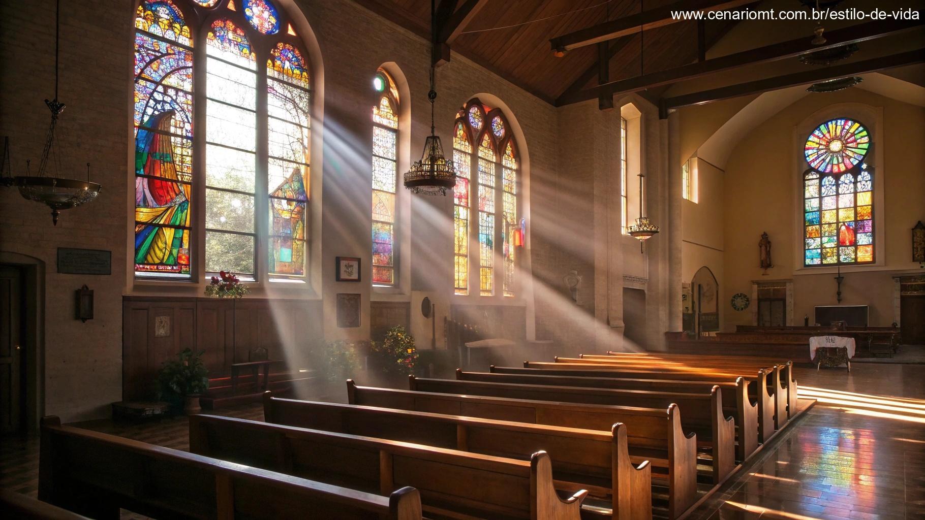 Imagem do interior de uma igreja serena com luz suave entrando pelas janelas de vitrais, criando um padrão de luz colorida sobre os bancos, proporcionando uma atmosfera pacífica e contemplativa.