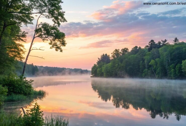 Nascer do sol sereno sobre um lago calmo com cores pastéis suaves no céu, cercado por árvores verdes exuberantes e uma névoa suave subindo da água