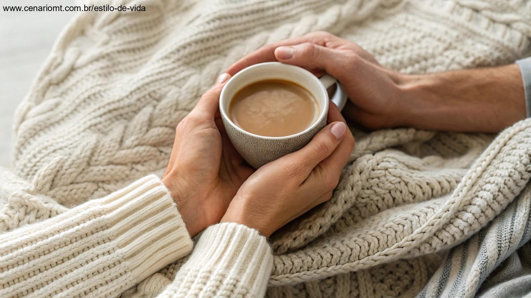 Duas mãos segurando gentilmente uma xícara de café quente com um cobertor de tricô aconchegante ao fundo