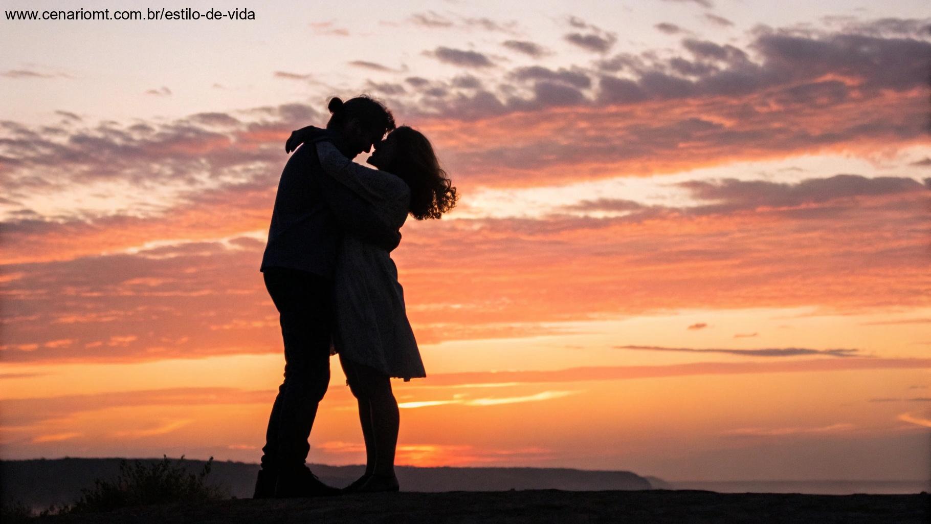 Abraço caloroso entre duas silhuetas ao pôr do sol