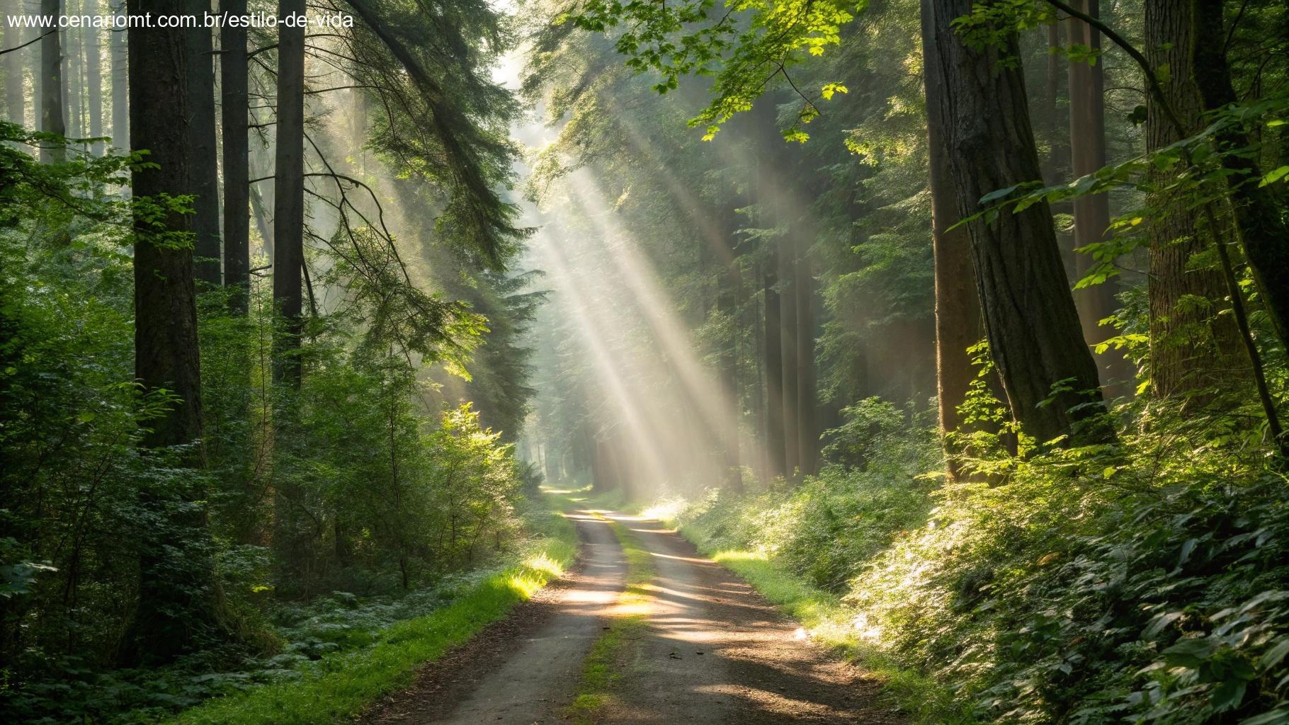 Caminho estreito em uma floresta iluminada pelo sol com raios de luz filtrando pelas árvores altas