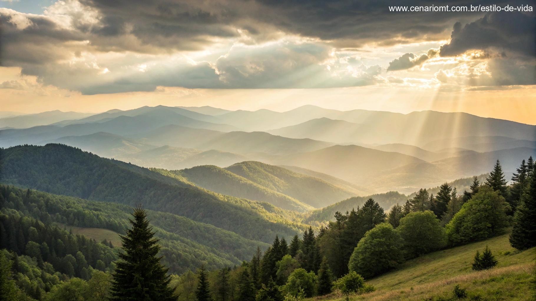 Paisagem montanhosa pacífica com luz suave e quente brilhando através das nuvens, simbolizando fé e esperança, com raios suaves alcançando a terra, criando uma sensação de novos começos.