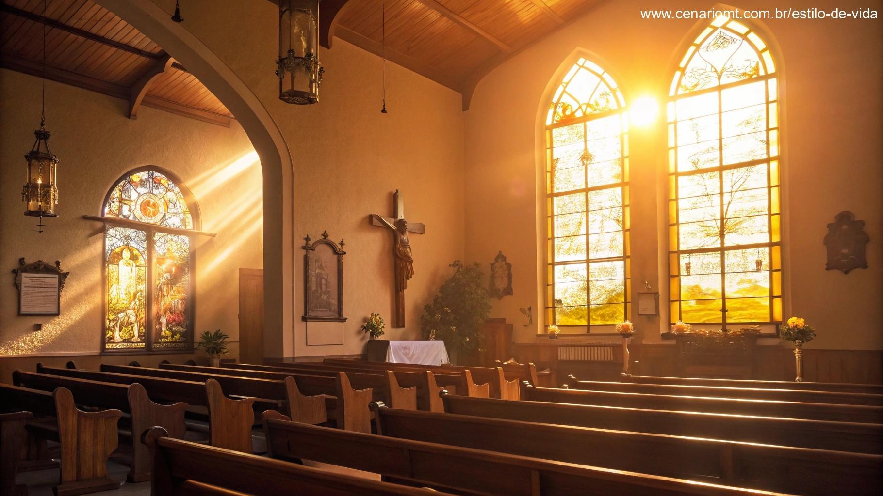 Interior de uma igreja tranquila com luz suave filtrando pelas janelas de vitral, simbolizando fé e esperança.