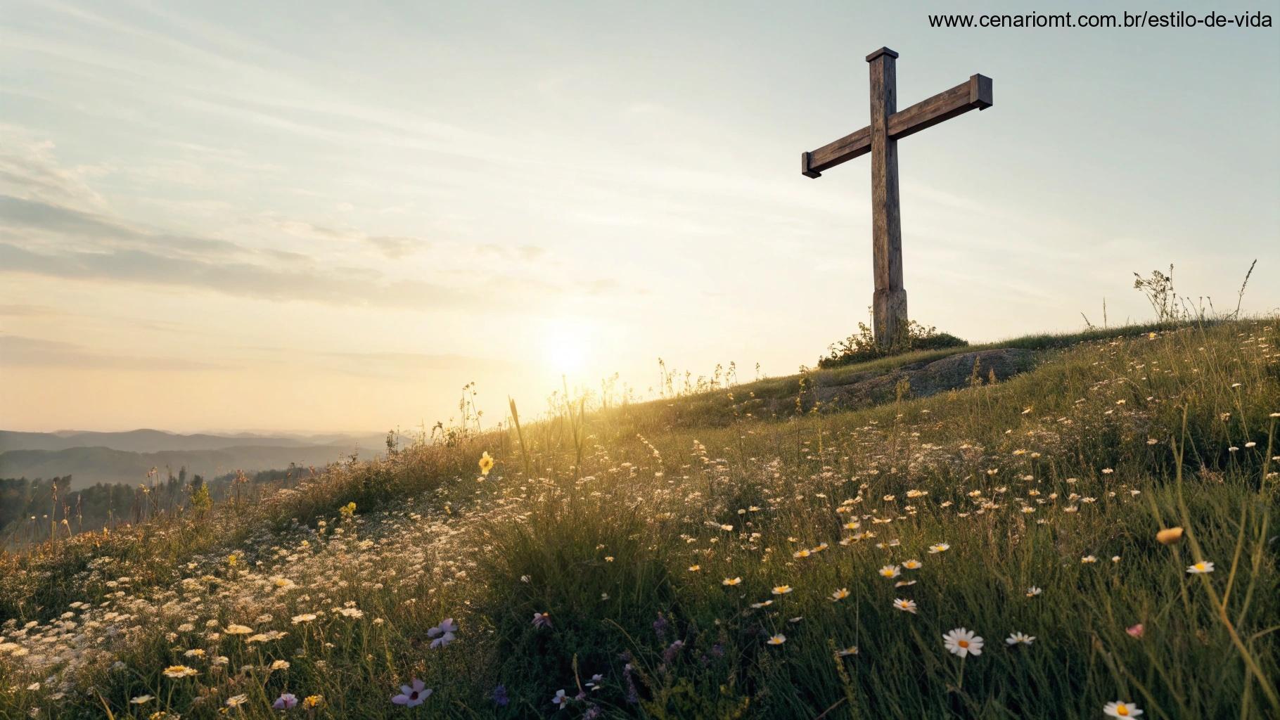 Cruz de madeira em uma colina com luz dourada vindo de cima, cercada por flores silvestres