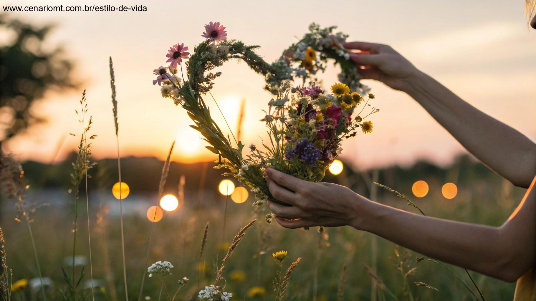 Close-up de mãos segurando um arranjo de flores silvestres em forma de coração em um campo ao pôr do sol