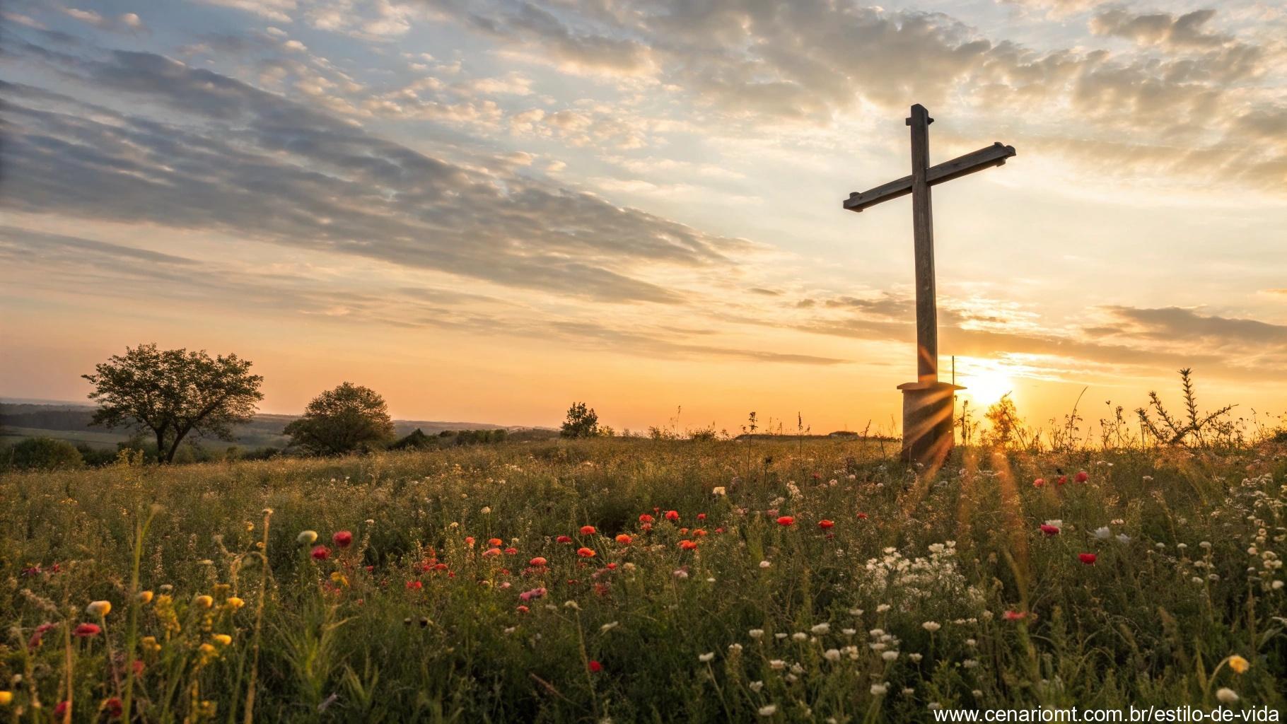 Cruz em pé em um campo de flores silvestres durante a hora dourada, com a luz do sol criando sombras longas