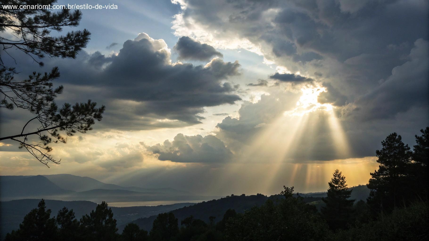 Brilho suave da luz atravessando nuvens escuras, simbolizando esperança