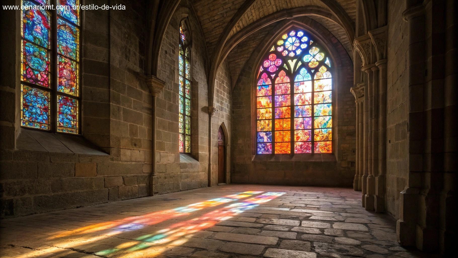 Vitral colorido com padrões de luz brilhando no chão de pedra em uma capela vazia