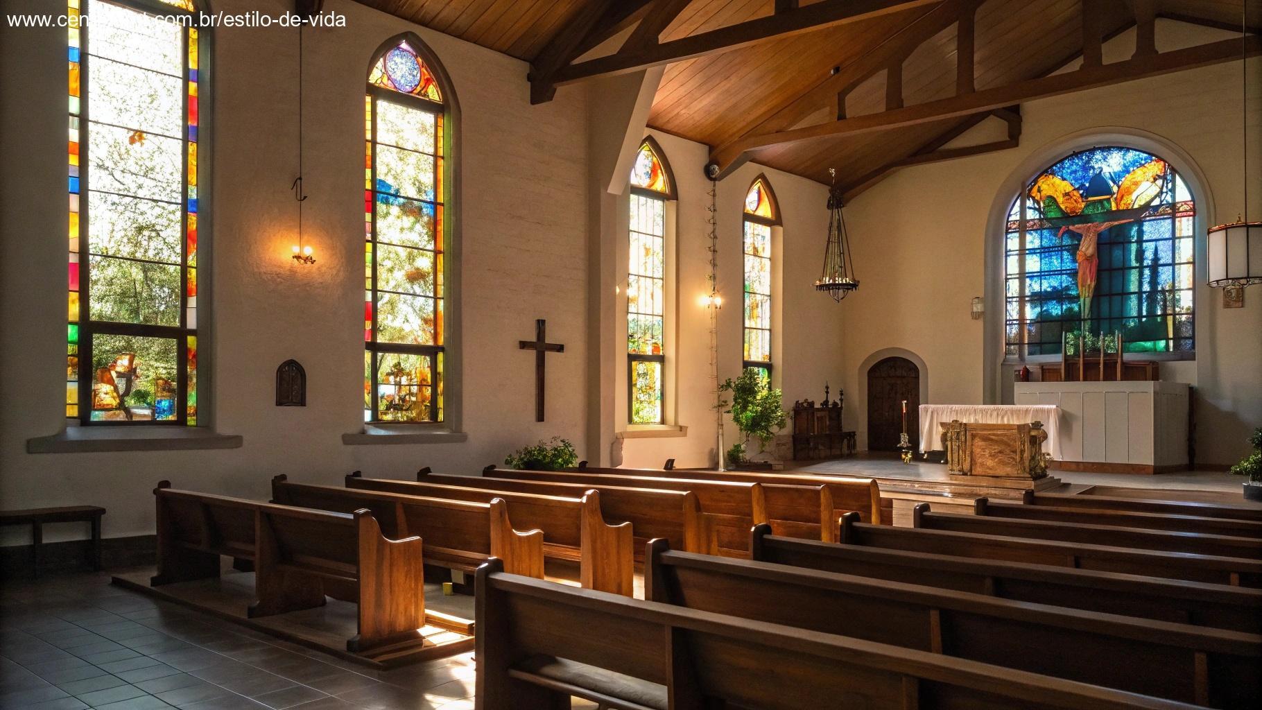Vitral retratando cenas bíblicas com luz colorida passando através, criando um padrão bonito em um banco de igreja simples