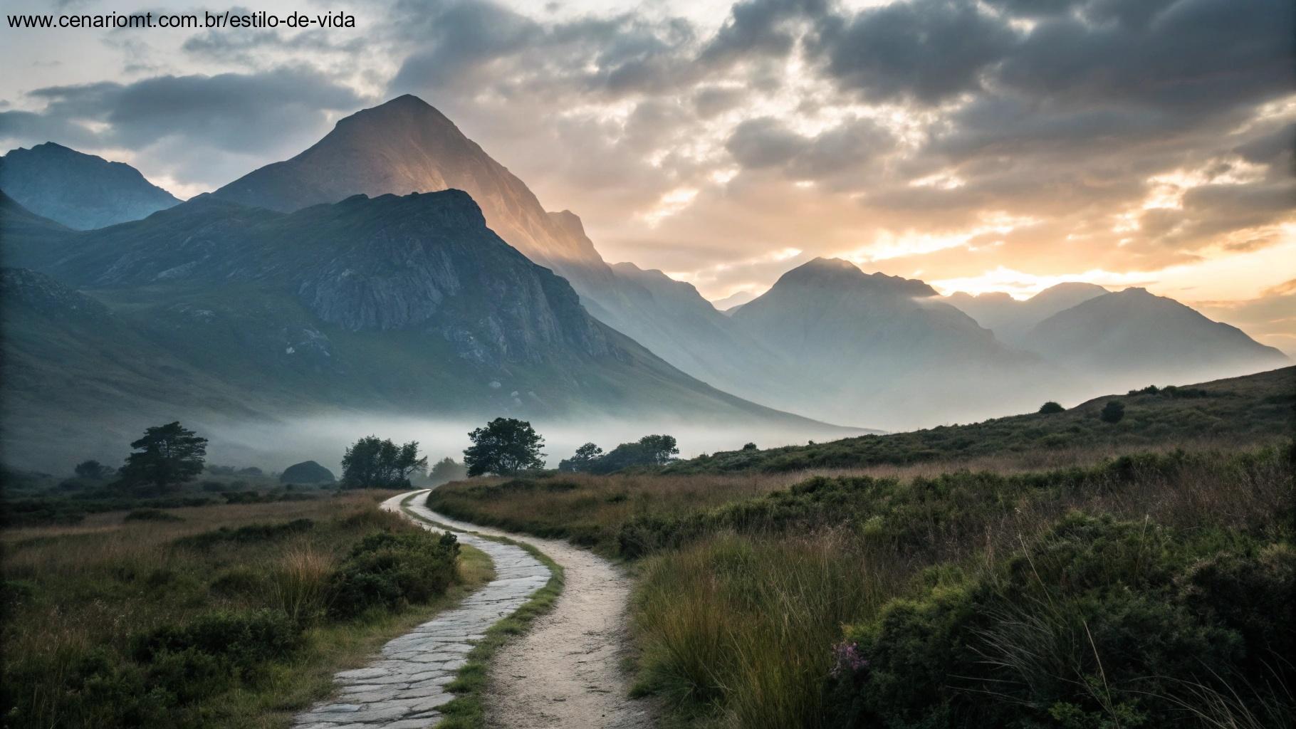 Paisagem dramática de montanhas ao amanhecer com um caminho que leva em direção à luz