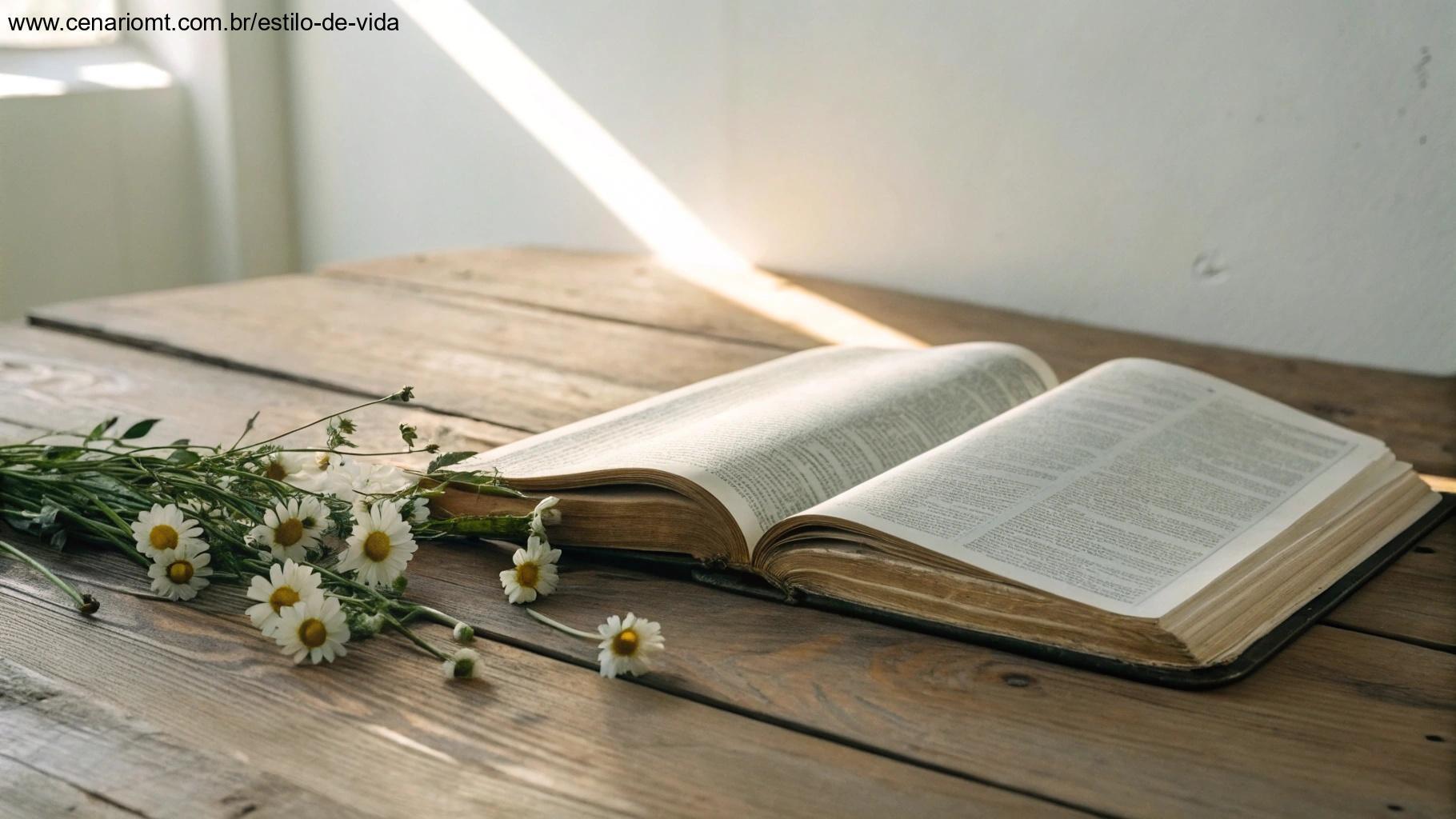 Bíblia aberta iluminada por um raio de sol com flores ao redor