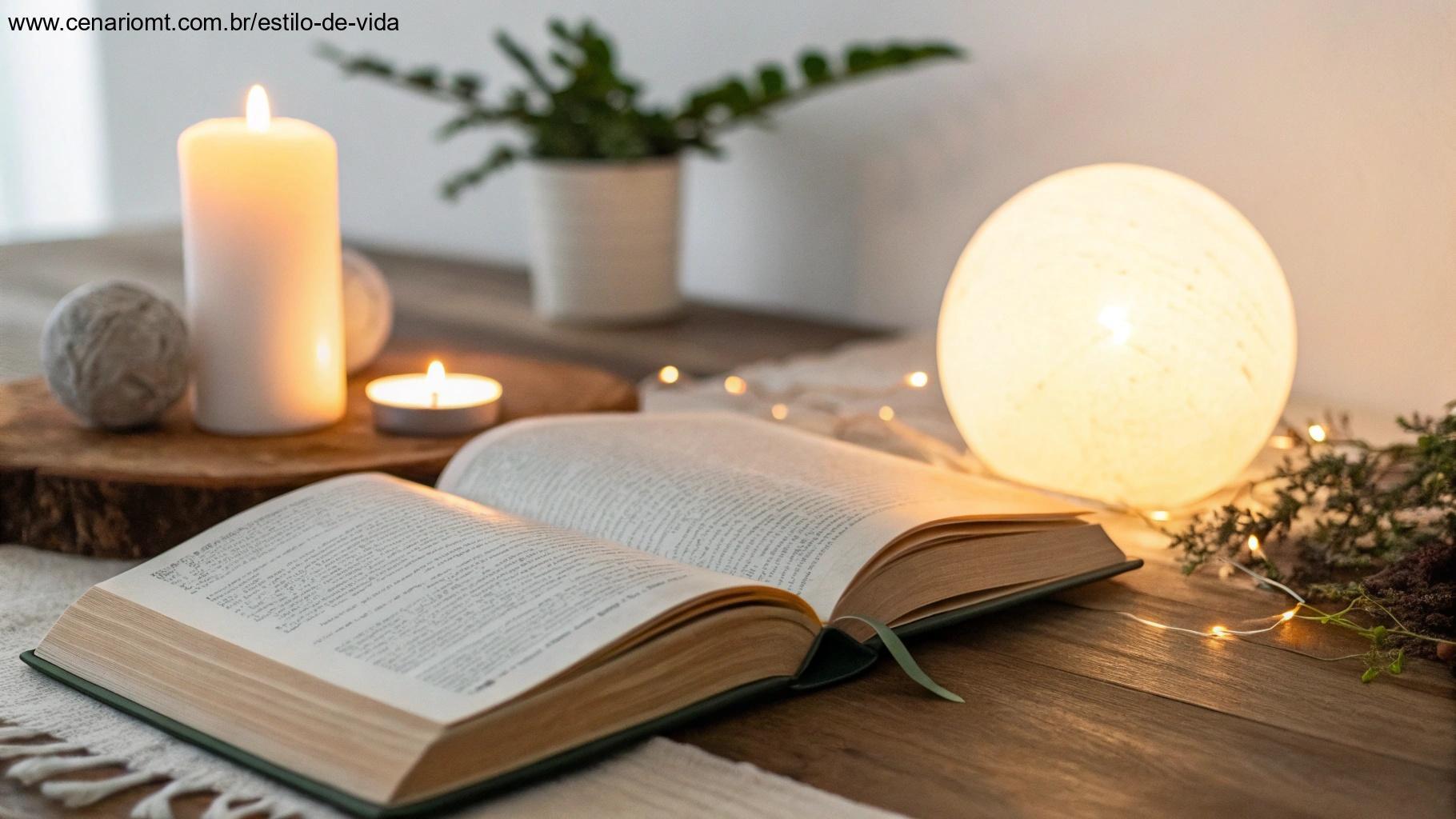 Livro aberto com uma luz brilhante acima, envolto em uma atmosfera suave