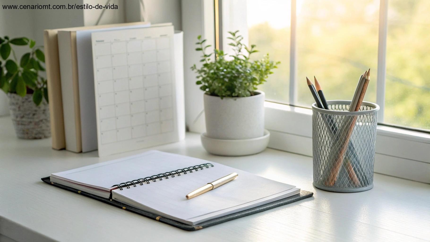 Escritório com material organizado, um planejador semanal novo e um pequeno vaso de planta, com luz matinal entrando pela janela
