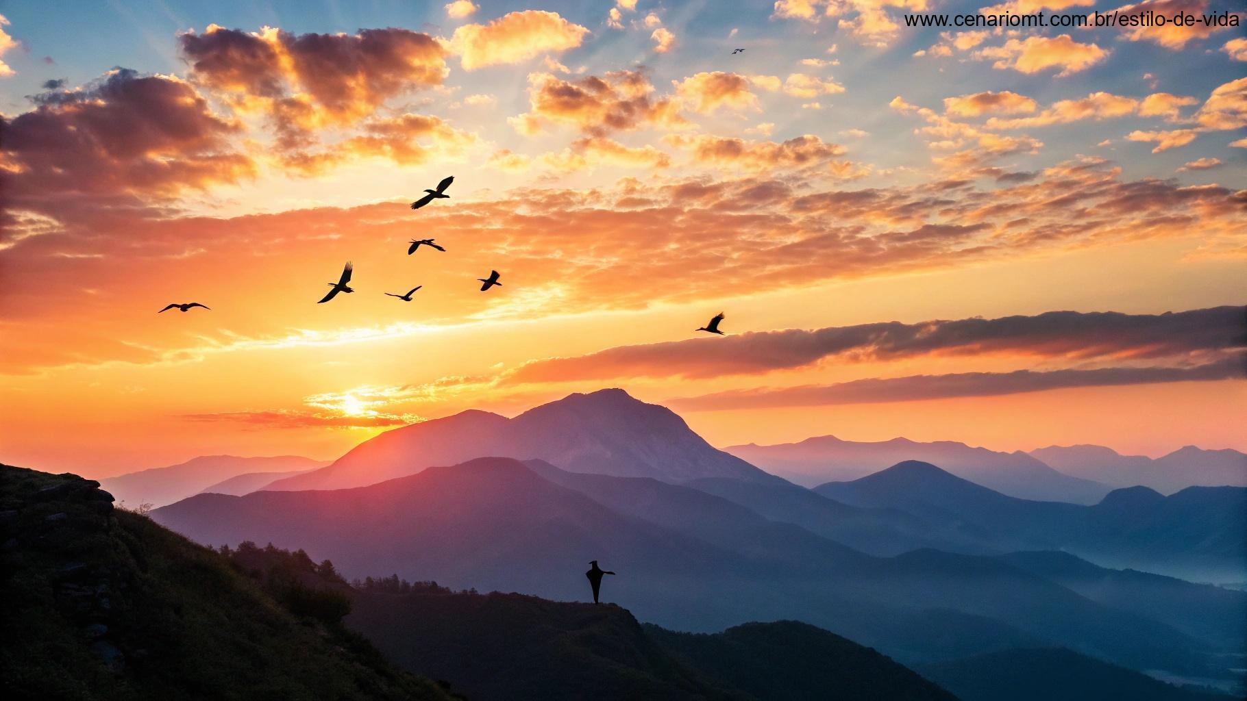 Uma cena inspiradora com o nascer do sol sobre uma cadeia de montanhas, pássaros voando livremente no céu, e cores vibrantes que evocam sentimentos de esperança e motivação para a quinta-feira.