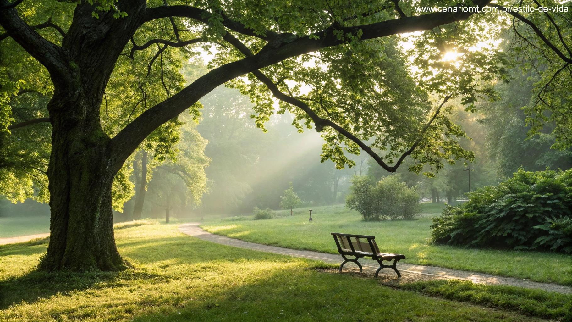 Imagem tranquila de um parque pacífico com vegetação exuberante, um banco sob uma árvore e luz suave filtrando pelas folhas.