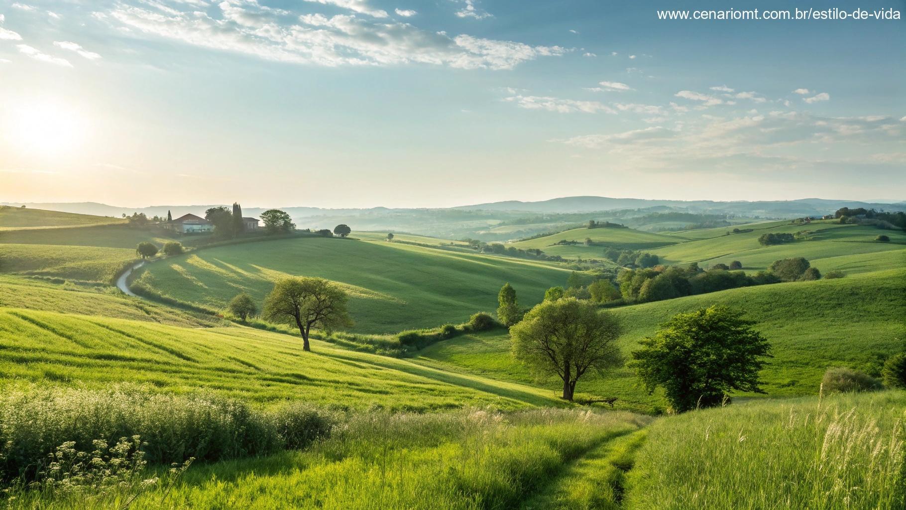 Imagem inspiradora de um campo verde com céu claro e uma brisa suave, trazendo positividade e inspiração.