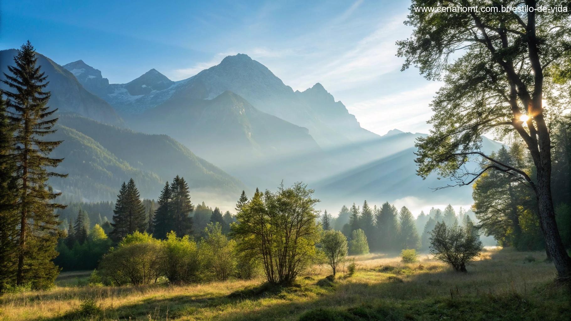 Imagem inspiradora de montanhas e luz suave filtrando pelas árvores