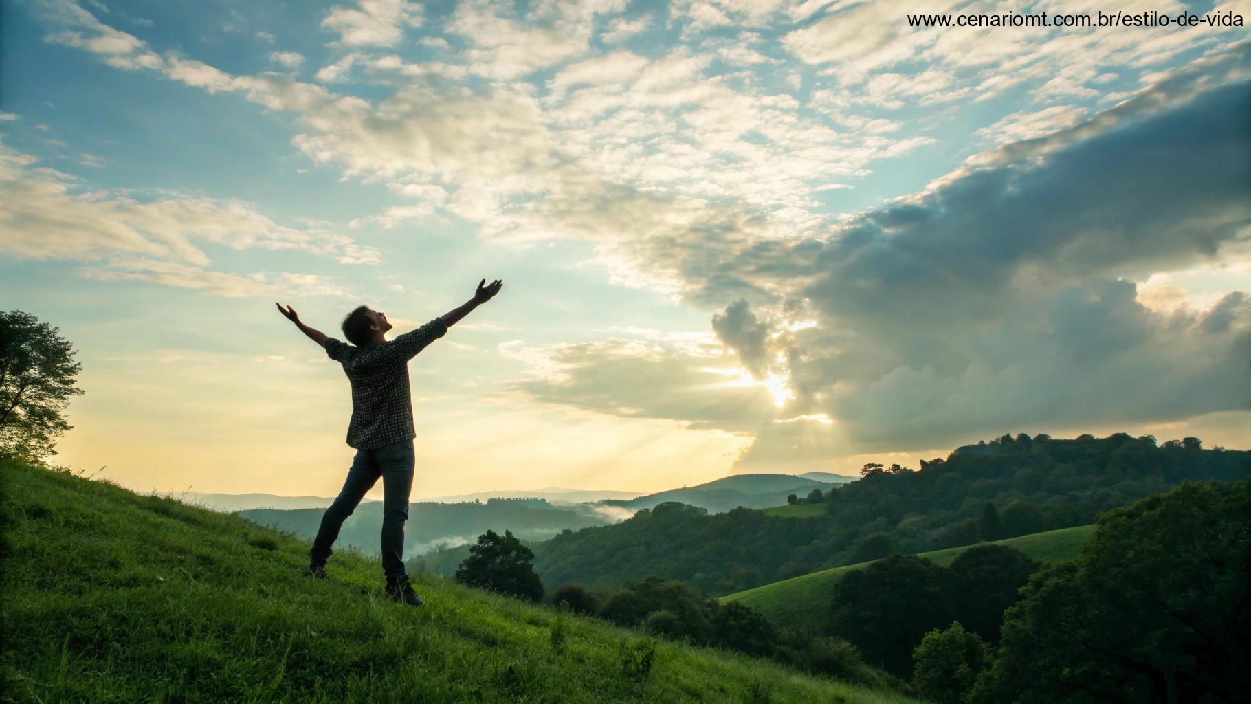 Imagem vibrante de uma pessoa em uma colina, com os braços levantados ao céu, abraçando o novo dia com positividade e motivação.