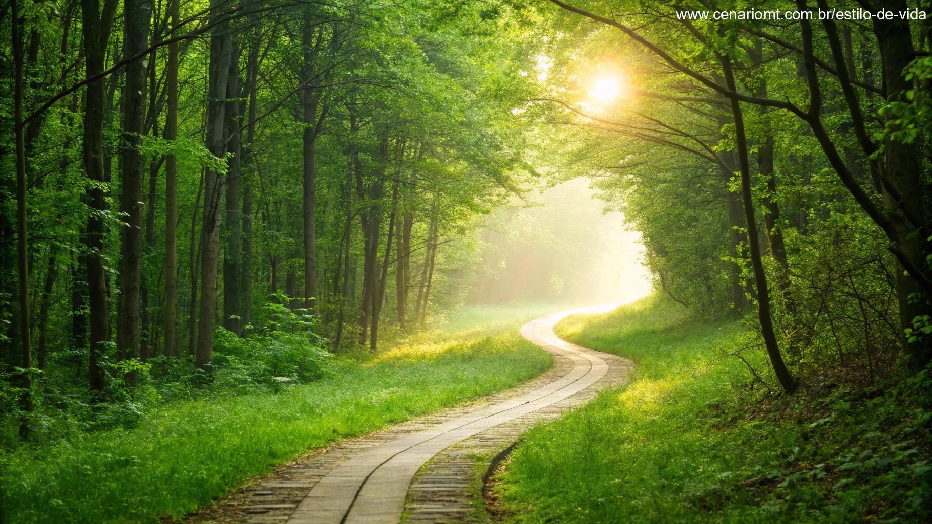 Caminho sinuoso através de uma floresta vibrante levando a uma luz brilhante, simbolizando jornada e motivação