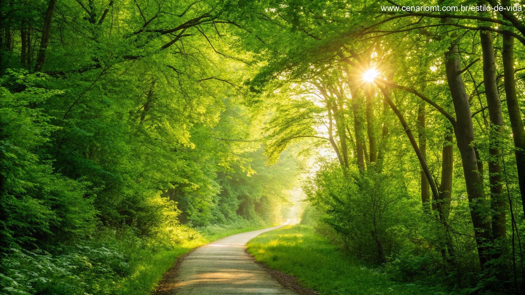 Caminho sinuoso através de uma floresta vibrante com raios de sol passando pelas folhas, levando a um horizonte brilhante