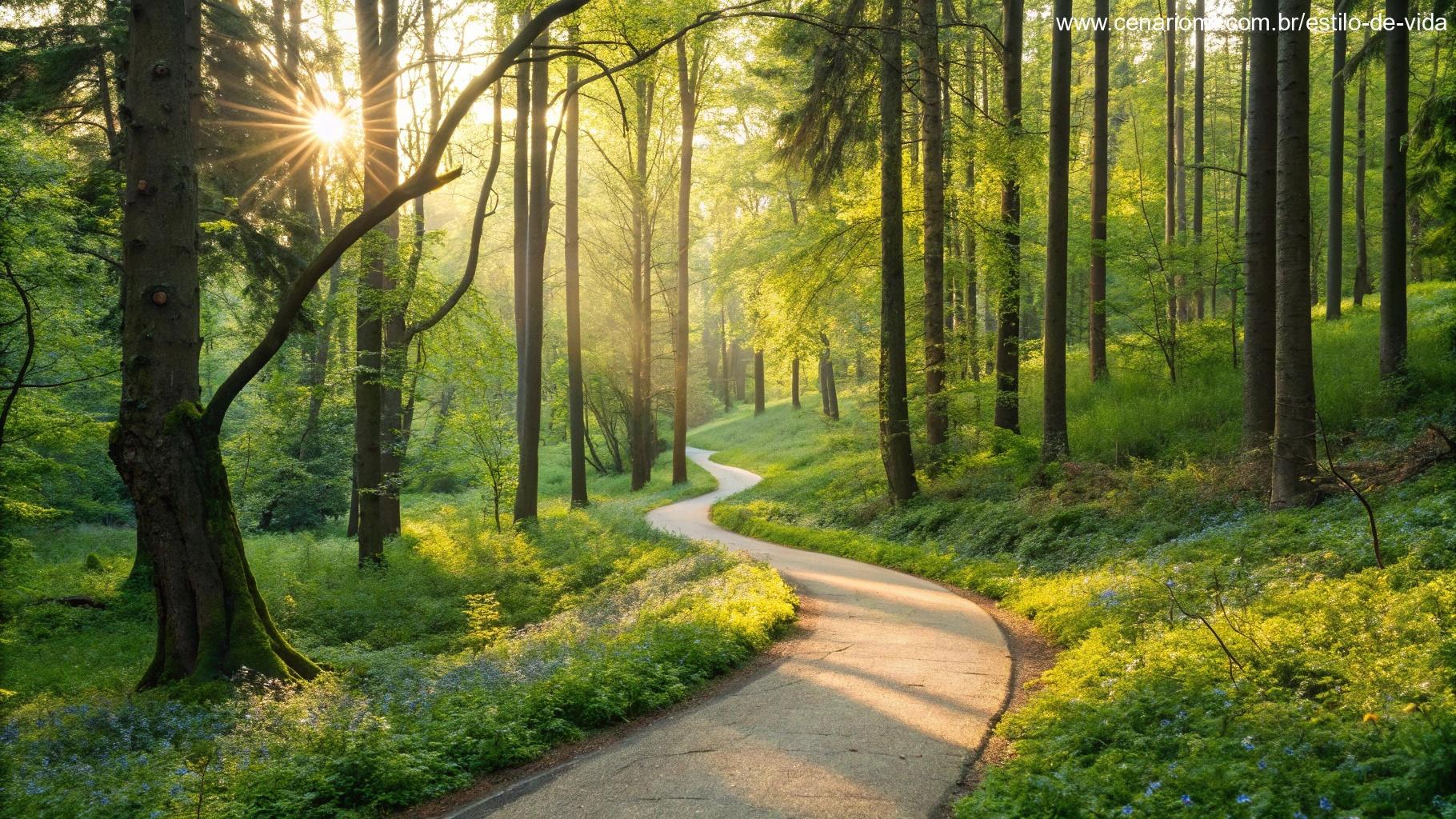 Caminho sinuoso através de uma floresta vibrante com a luz do sol filtrando pelas árvores