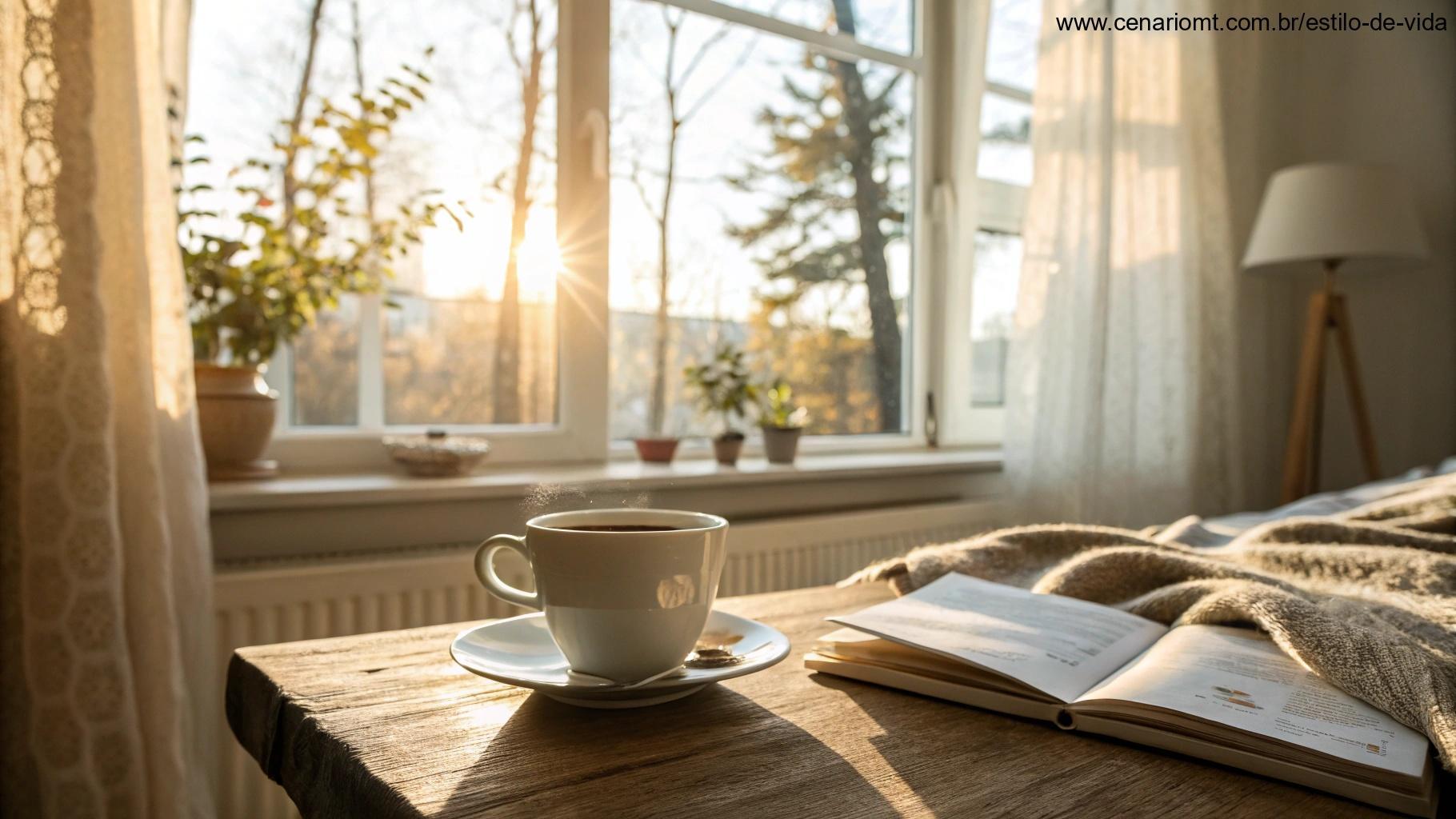 Imagem de um quarto aconchegante e iluminado com uma xícara de café sobre a mesa, luz suave entrando pela janela.