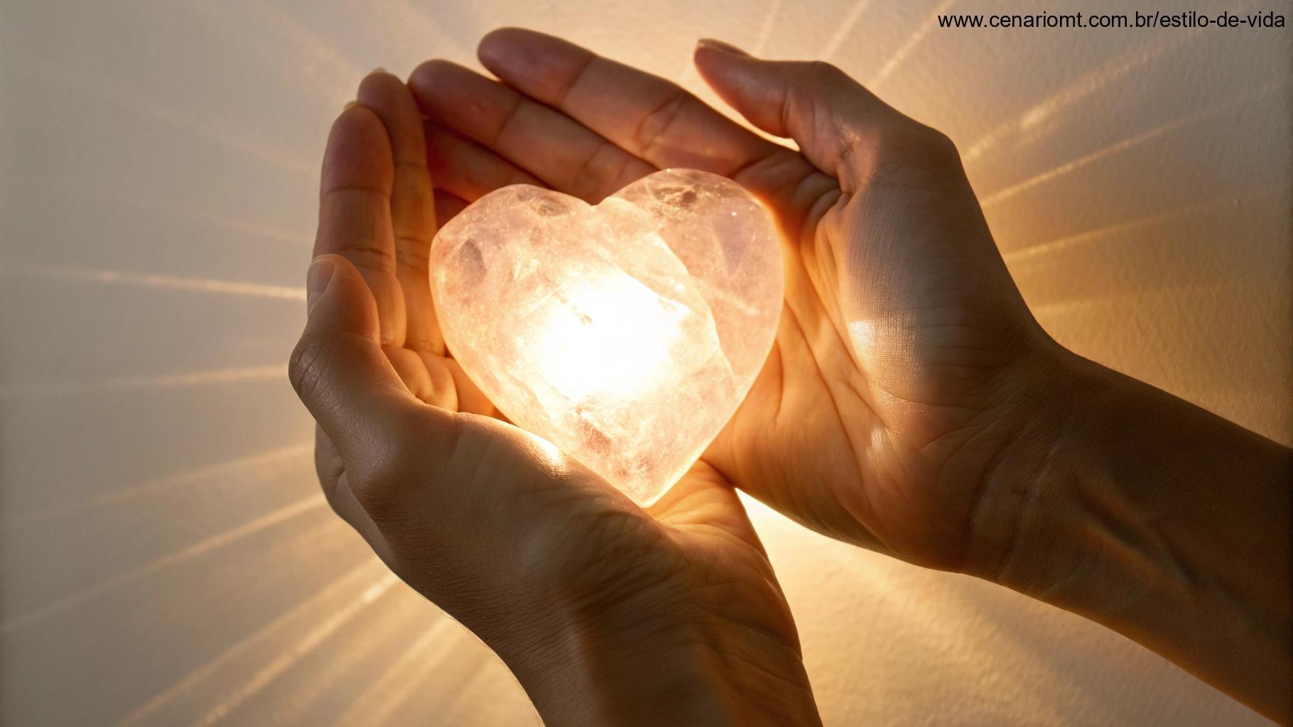 Par de mãos segurando suavemente um cristal em forma de coração brilhante com luz quente irradiando para fora