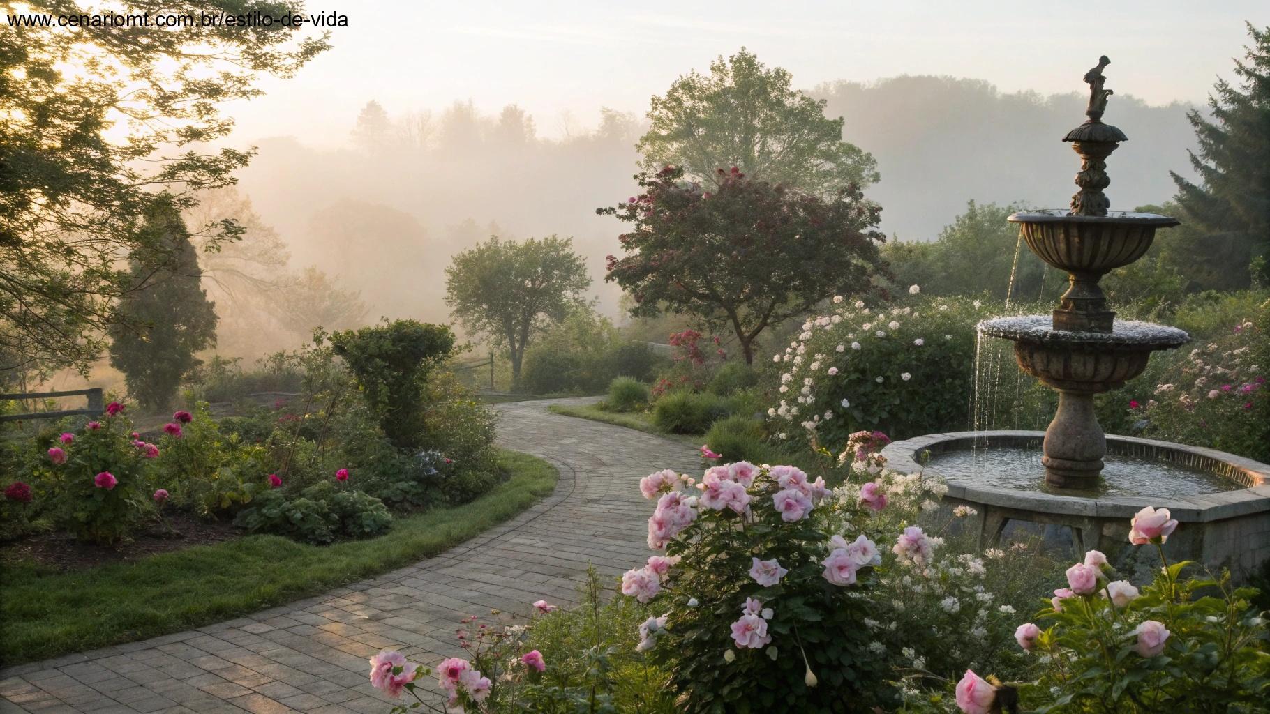 Jardim tranquilo com flores e fonte pequena ao amanhecer
