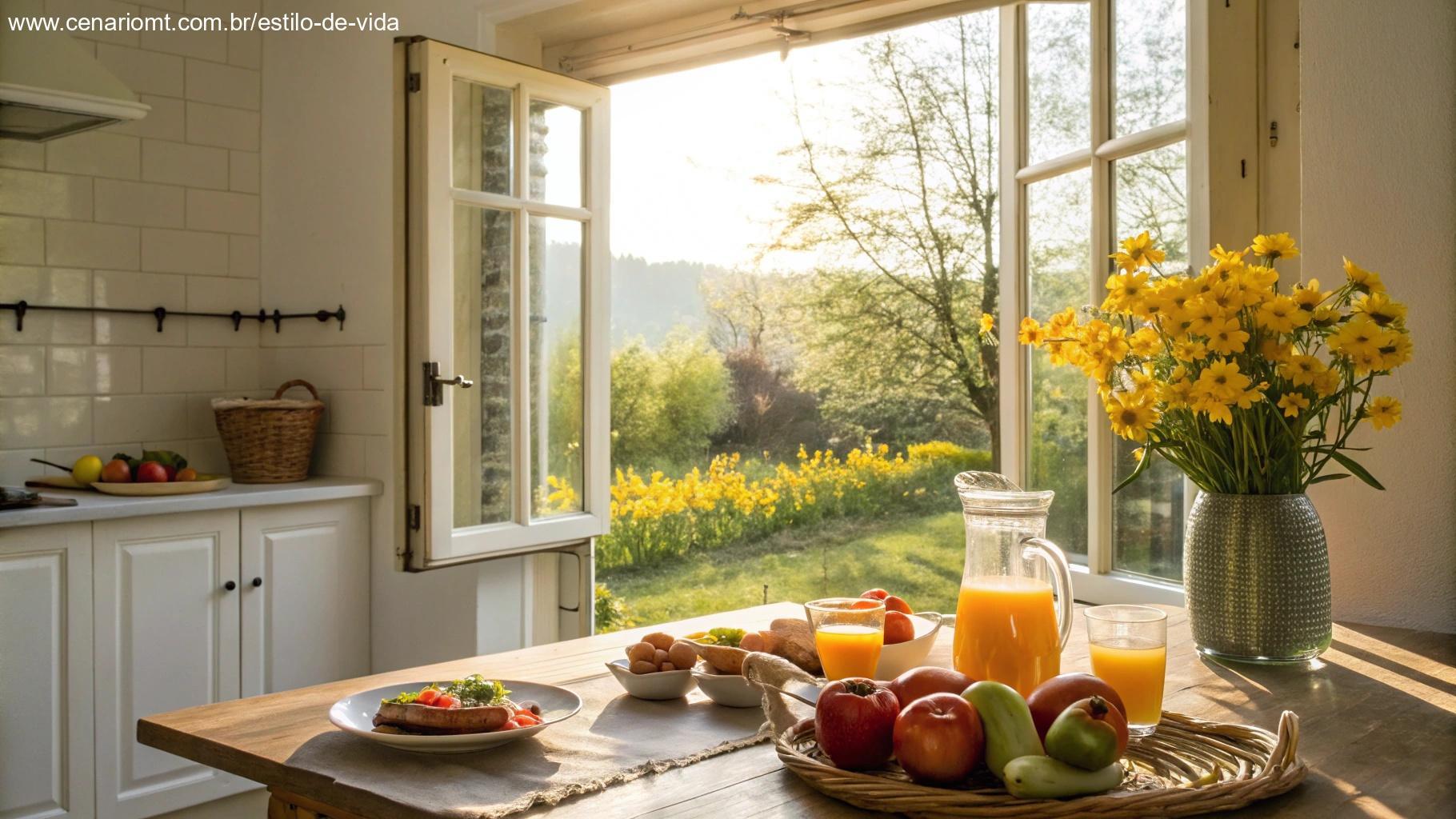 Cena alegre de cozinha com luz solar entrando pelas janelas, mesa de café da manhã posta com frutas e suco, e uma janela aberta para um jardim florido