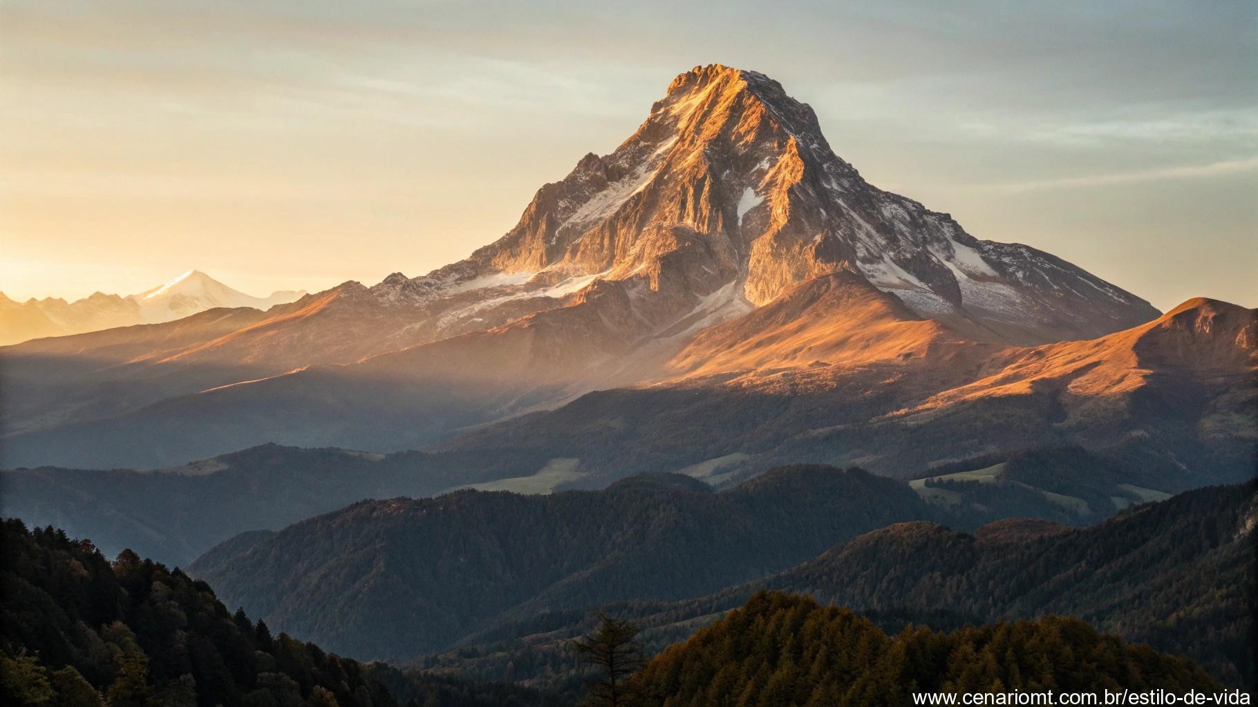 Pico de montanha majestoso ao amanhecer com luz dourada cobrindo a paisagem, simbolizando novos começos e força