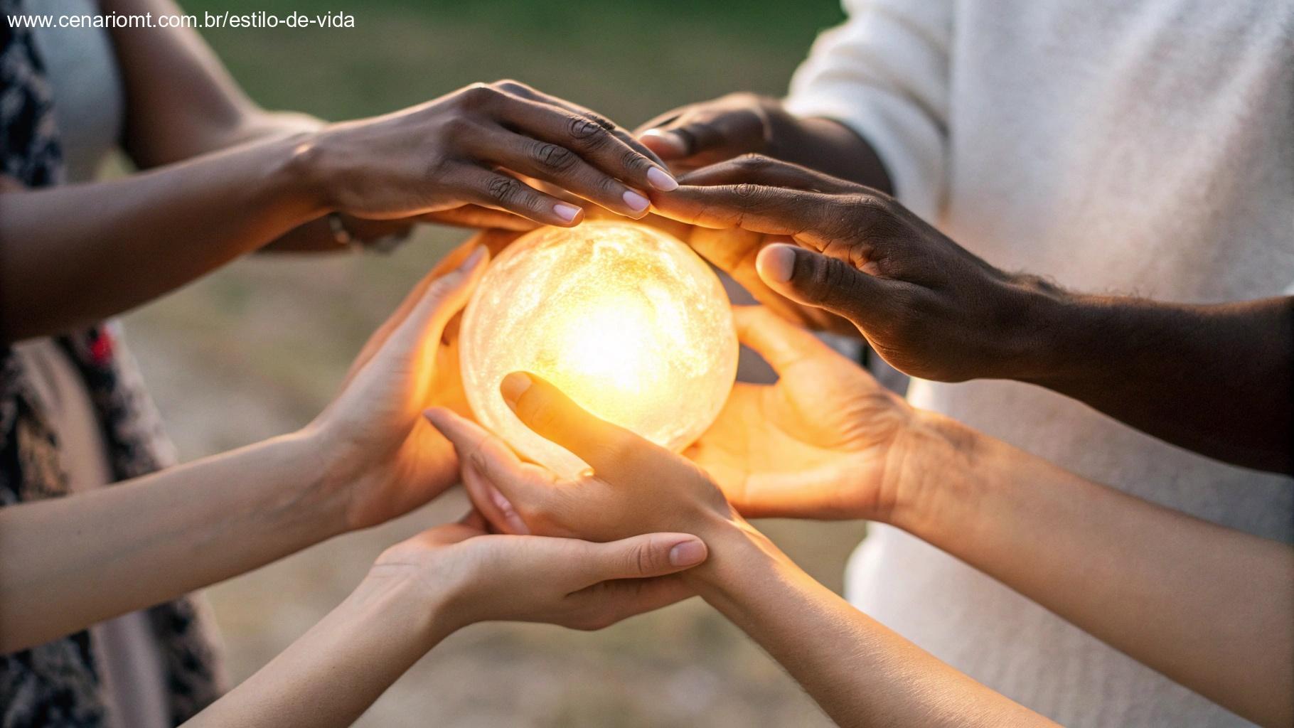 Diversas mãos segurando uma esfera brilhante de luz, simbolizando união e energia positiva compartilhada