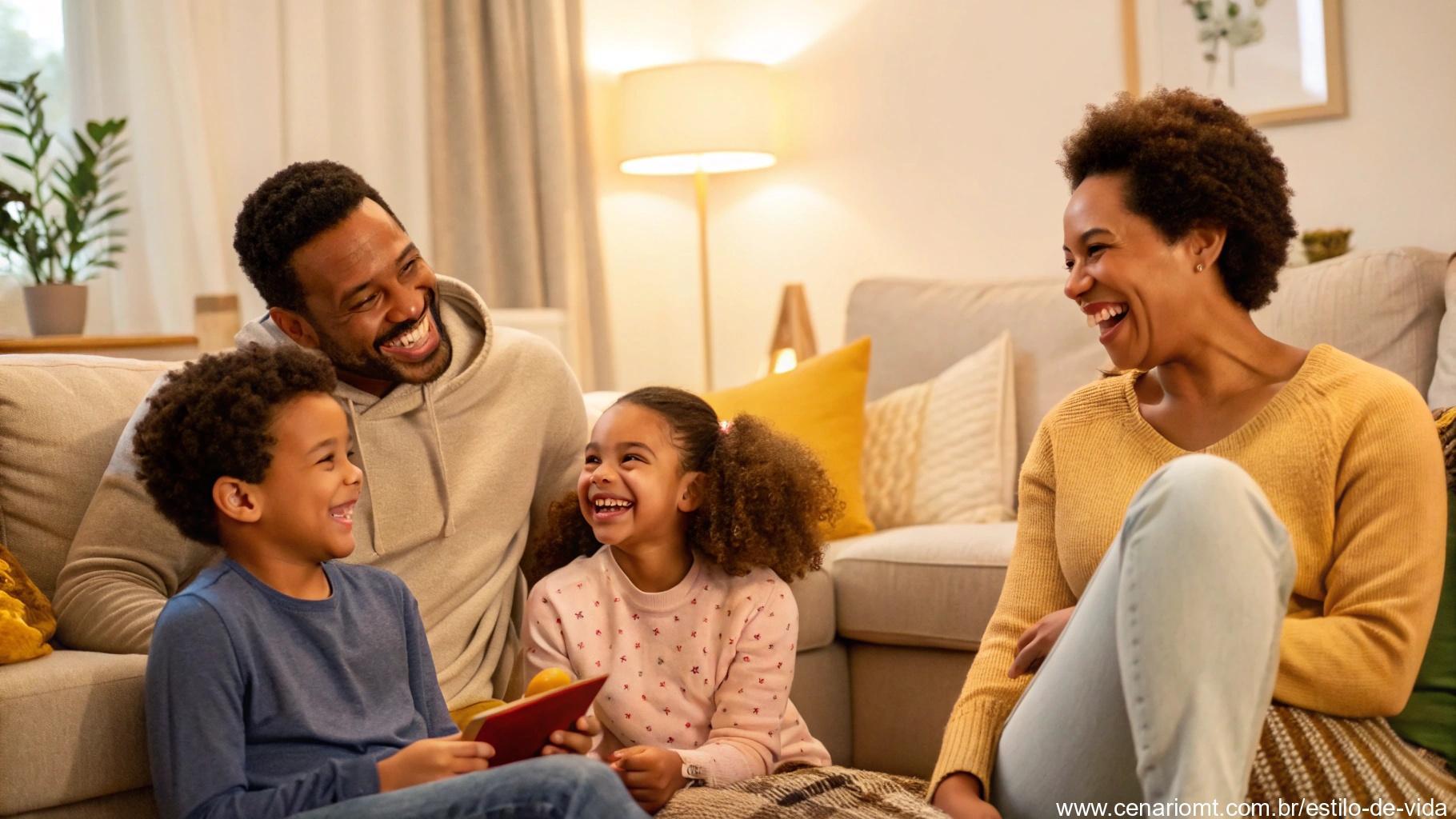 Encontro alegre da família em uma sala de estar aconchegante, sorrindo e compartilhando momentos de felicidade, simbolizando a alegria da conexão familiar.