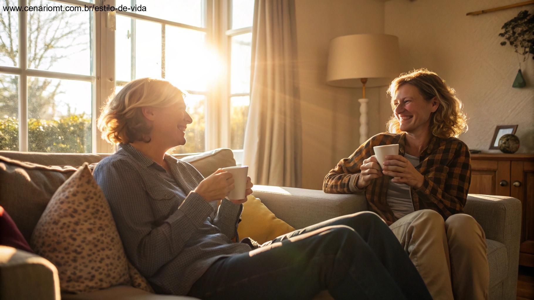 Duas pessoas sorrindo em uma sala aconchegante com café e luz do sol