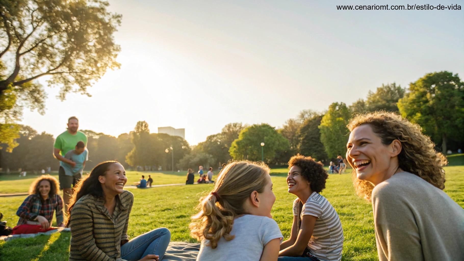 Cena alegre em um parque com pessoas sorrindo e compartilhando bons momentos