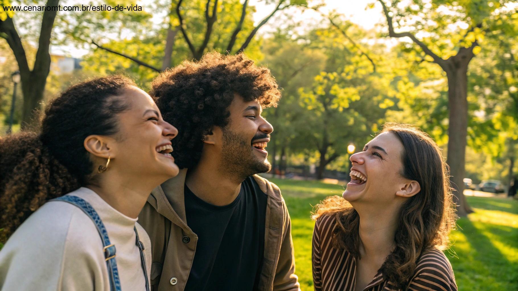 Amigos sorrindo juntos em um parque ensolarado