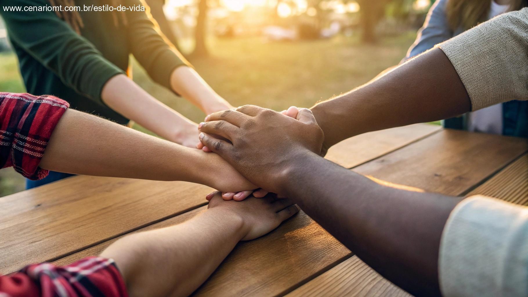 Mãos diversas unidas em círculo sobre uma mesa de madeira, com fundo desfocado de reunião comunitária