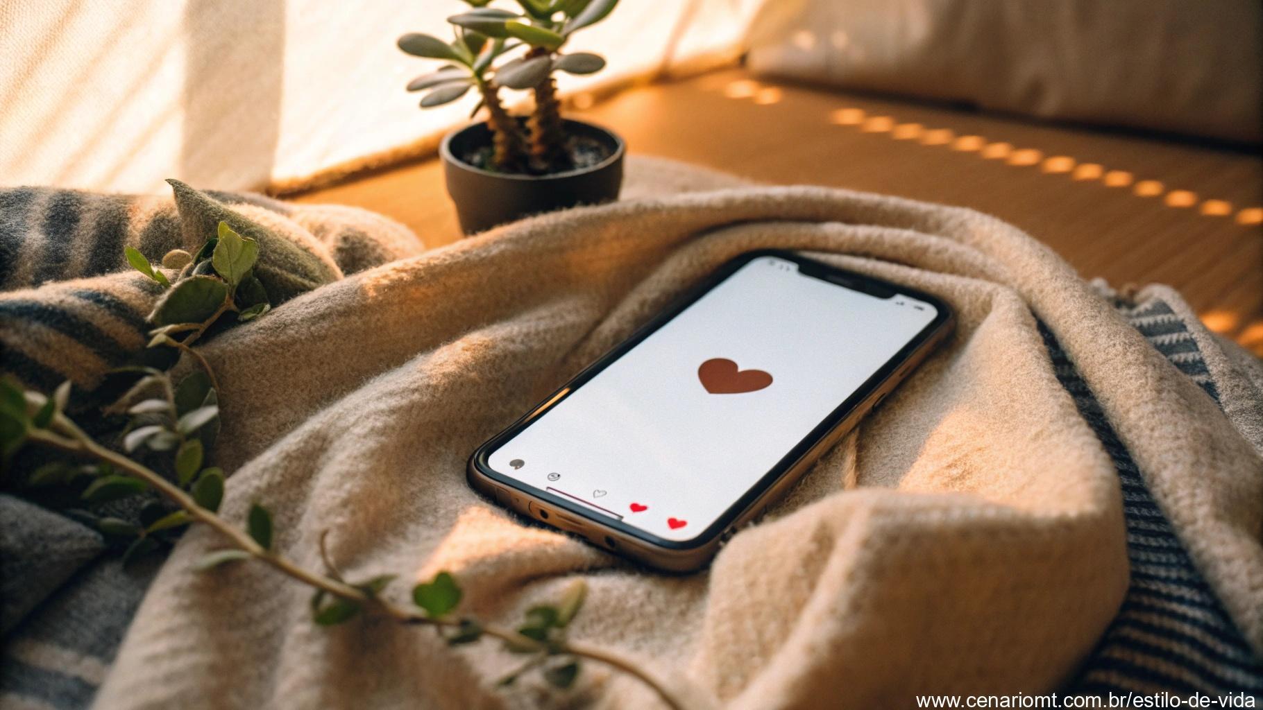 Smartphone mostrando um aplicativo de rede social com um símbolo de coração, em um cobertor aconchegante com uma planta e iluminação suave